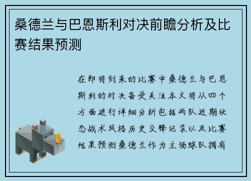 桑德兰与巴恩斯利对决前瞻分析及比赛结果预测